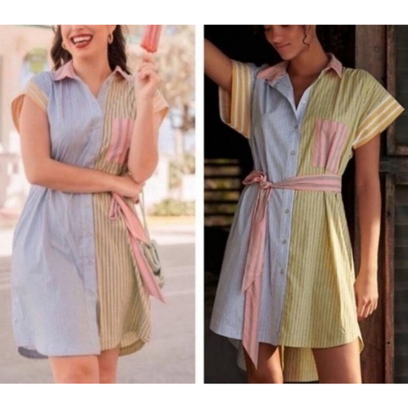 Women's Maeve by Anthropologie Striped Shirt Dress L Blue Yellow - Picture 2 of 10